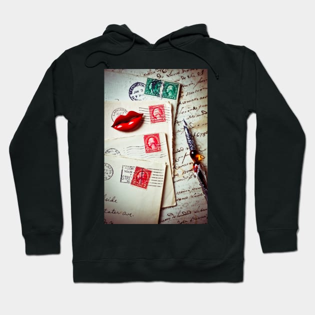 Red lips pin and old letters Hoodie by photogarry